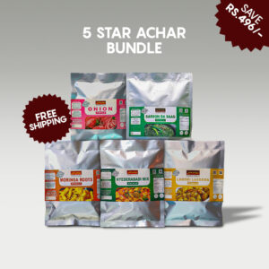 5-Star Achar Bundle | 5 x 400G Packs (Sarson Da Saag Pickle + Lahori Lasoora Pickle + Onion Pickle + Moringa Pickle + Hyderabad Mix Pickle) (5-اسٹار اچار بنڈل | 5 x 400 گرام پیک (سرسوں دا ساگ اچار + لاہوری لسوڑا اچار + پیاز اچار + مورنگا اچار + حیدرآباد مکس اچار))