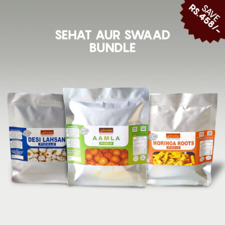 Sehat aur Swaad Bundle | Moringa Pickle,Desi Lahsan pickle & Aamla Pickle (Sehat aur Swaad Bundle | Moringa اچار,Desi Lahsan اچار & Aآملہ اچار)